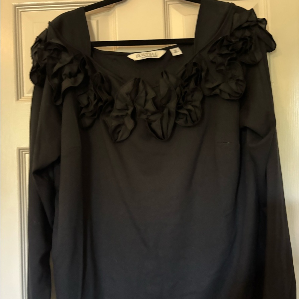 Beautiful by Lawrence Zarian Black Ruffle-Trim Long Sleeve Top